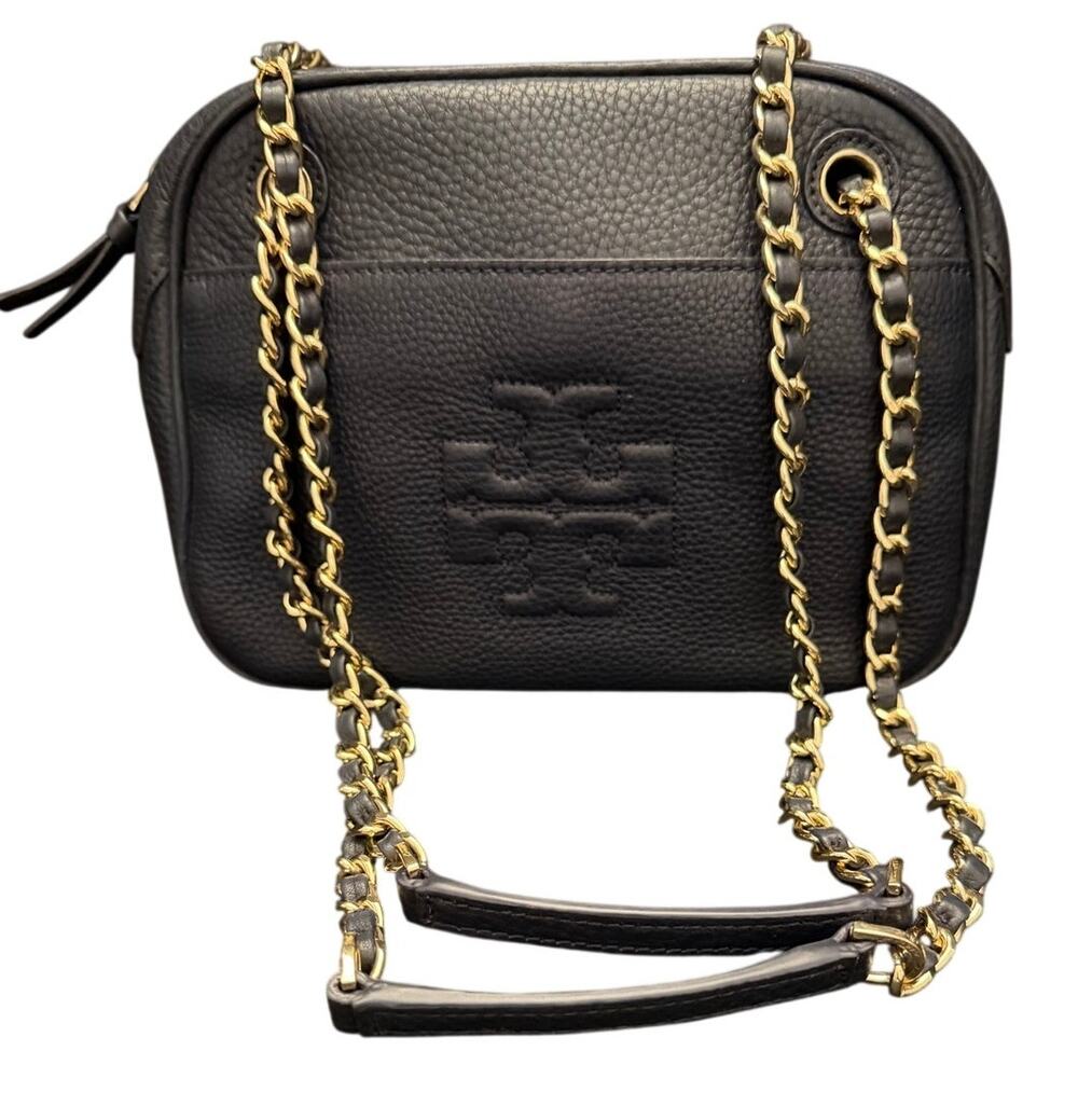 Tory Burch Navy Blue Pebbled Leather Thea Marion Camera Bag Gold Chain Crossbody
